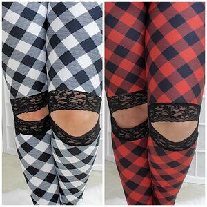 Shirley & Stone Lace Split Knee Leggings, Buffalo Plaid - Red or White & Black